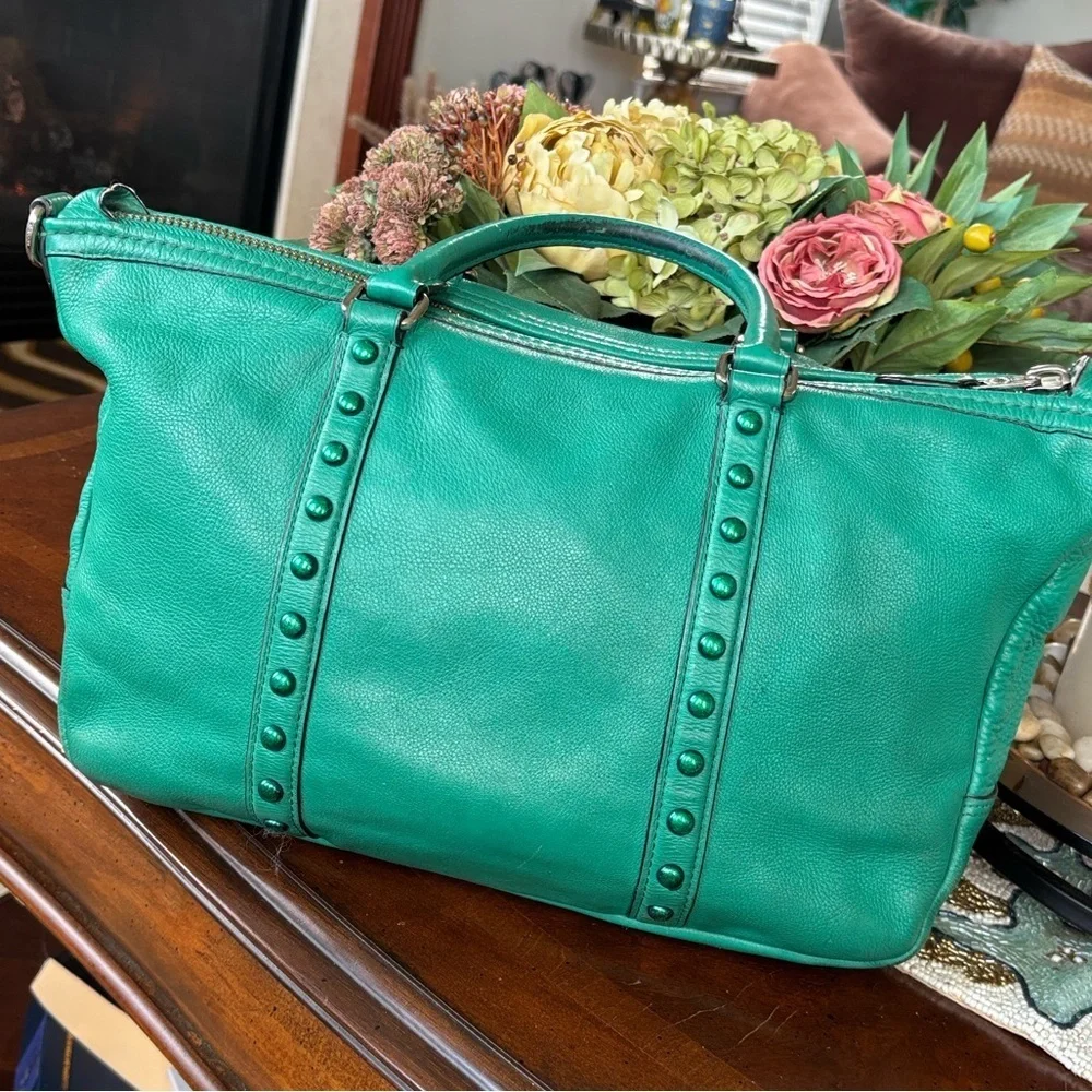 Coach Green Leather Handbag Central Satchel Rivet Leaf Enamel Studded